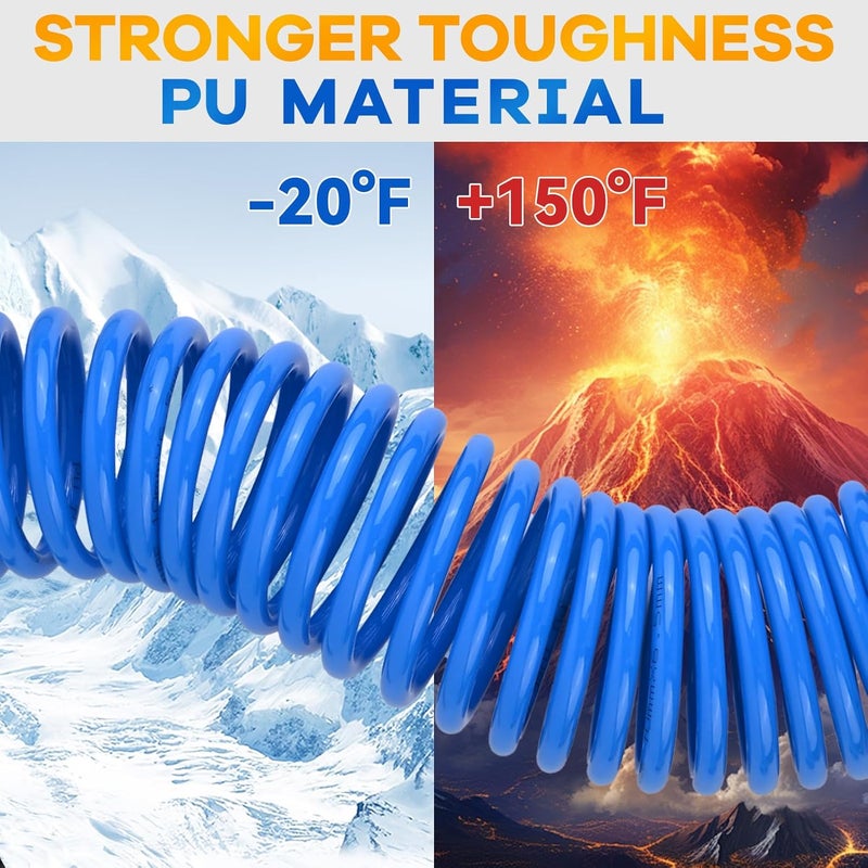 BOTSROOM Air Compressor Hose 1/4 in x 25 ft PU Air Hose Kit with 1/4" Industrial Air Fittings and Bend Restrictors, Working Pressure of 300 PSI, Blue - Image 3